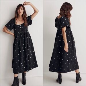 Madewell Dress Daisy Embroidered Lightspun Square-Neck Midi Cotton Black XS